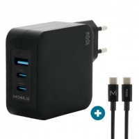 Mobilis Charger 100W 2USB C 1USBA GaN cable 100W Ordinateur portable, Smartphone, Tablette Noir Secteur Int&eacute;rieure